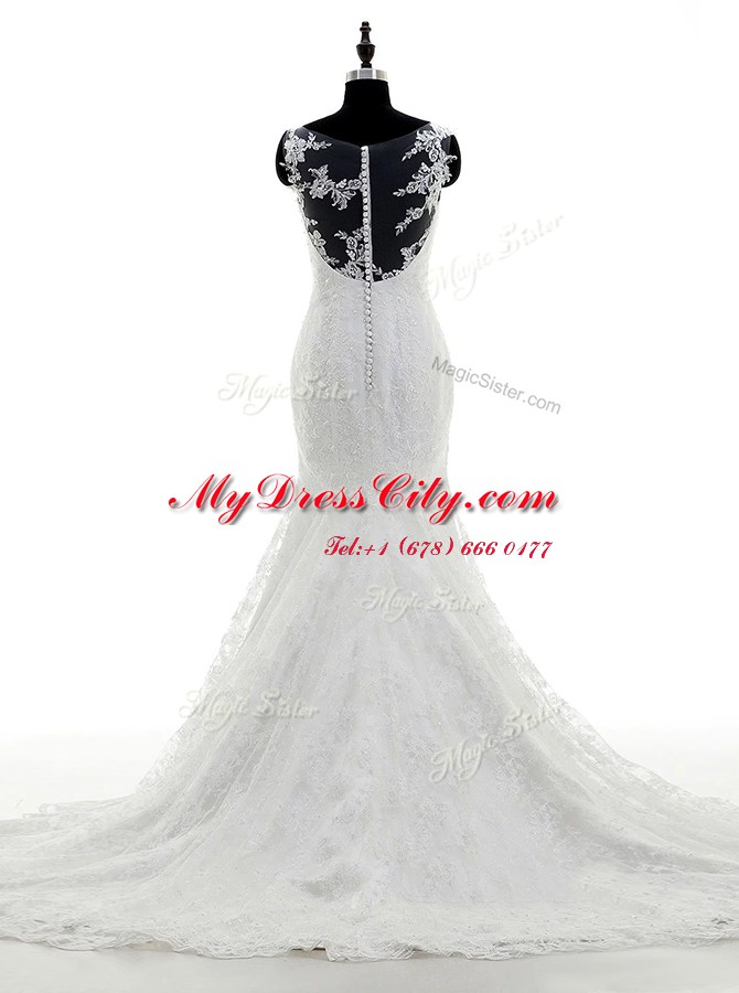 Graceful Scoop White Organza and Lace Zipper Wedding Gowns Sleeveless With Brush Train Appliques