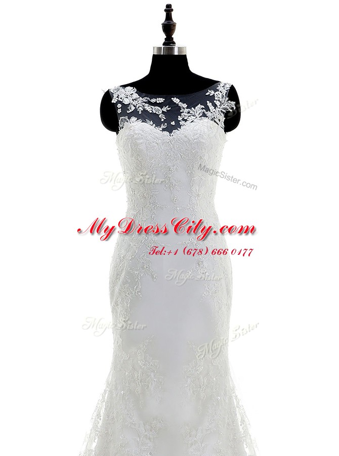 Graceful Scoop White Organza and Lace Zipper Wedding Gowns Sleeveless With Brush Train Appliques