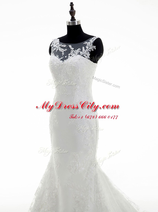 Graceful Scoop White Organza and Lace Zipper Wedding Gowns Sleeveless With Brush Train Appliques