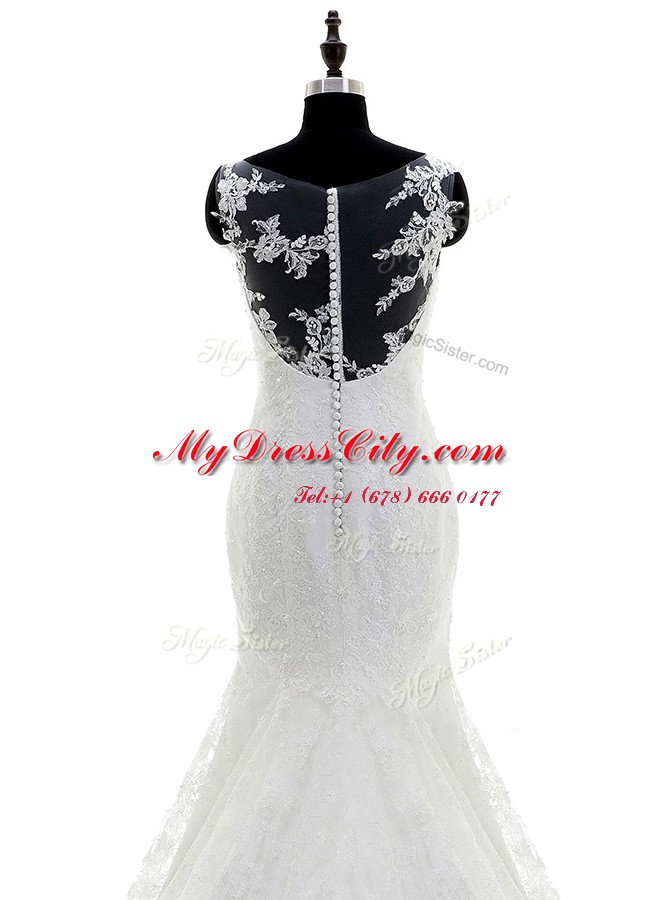 Graceful Scoop White Organza and Lace Zipper Wedding Gowns Sleeveless With Brush Train Appliques