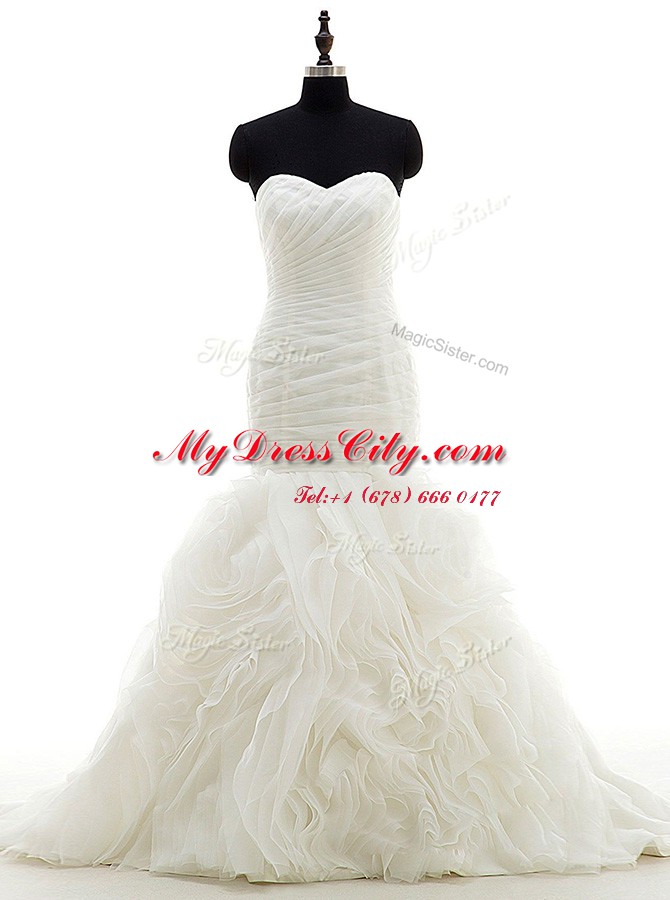 Mermaid White Sleeveless Organza Brush Train Lace Up Wedding Gowns for Wedding Party