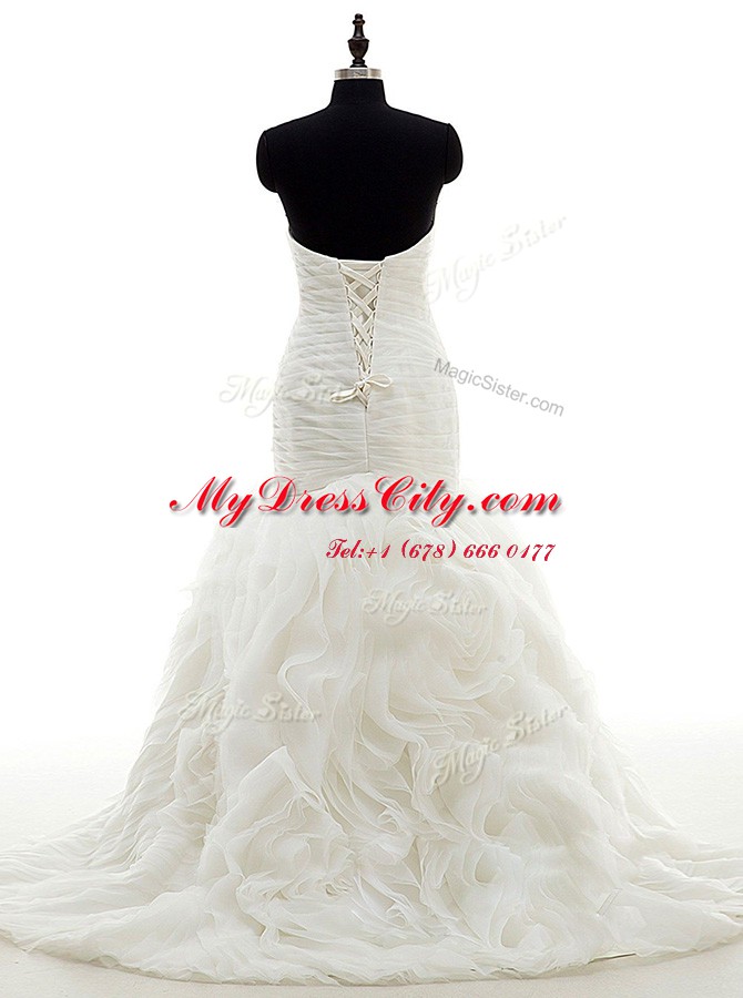 Mermaid White Sleeveless Organza Brush Train Lace Up Wedding Gowns for Wedding Party