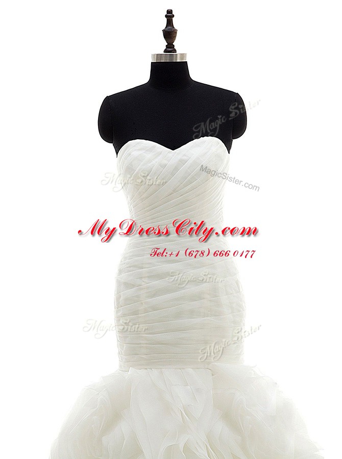 Mermaid White Sleeveless Organza Brush Train Lace Up Wedding Gowns for Wedding Party