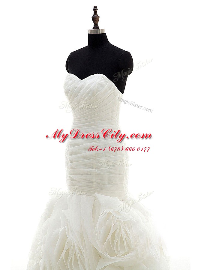 Mermaid White Sleeveless Organza Brush Train Lace Up Wedding Gowns for Wedding Party