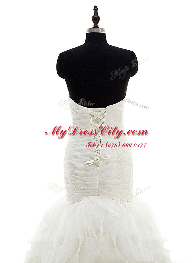 Mermaid White Sleeveless Organza Brush Train Lace Up Wedding Gowns for Wedding Party