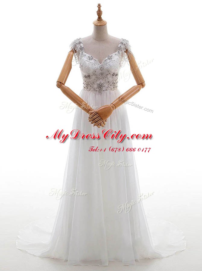 Custom Design With Train Empire Cap Sleeves White Wedding Dresses Chapel Train Side Zipper