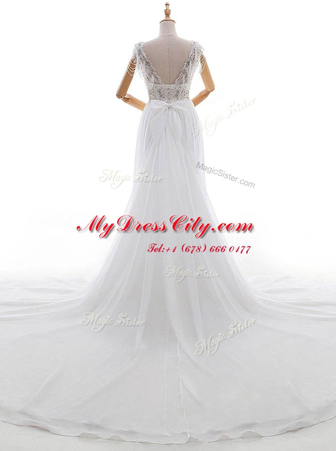 Custom Design With Train Empire Cap Sleeves White Wedding Dresses Chapel Train Side Zipper