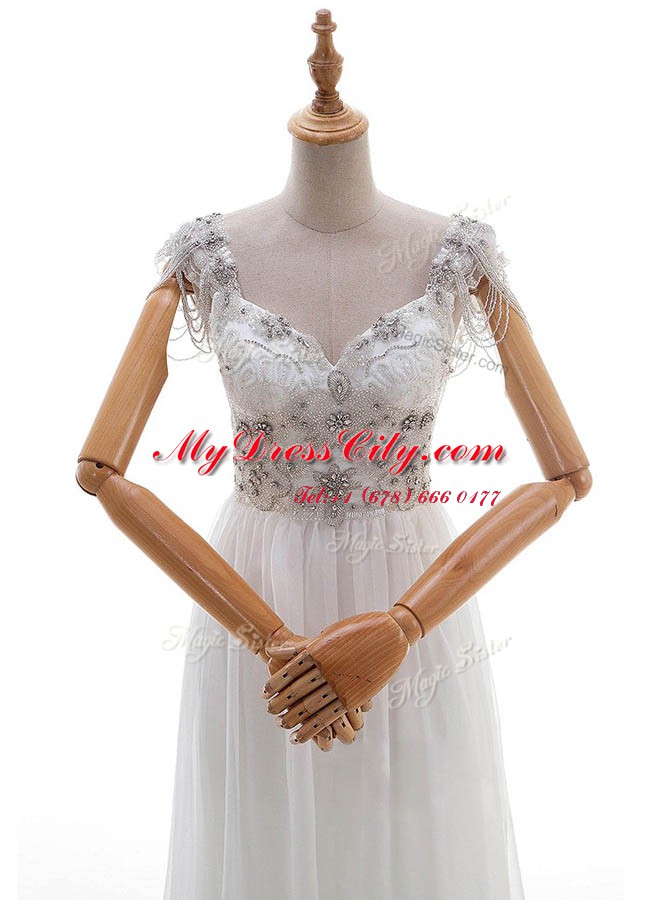 Custom Design With Train Empire Cap Sleeves White Wedding Dresses Chapel Train Side Zipper