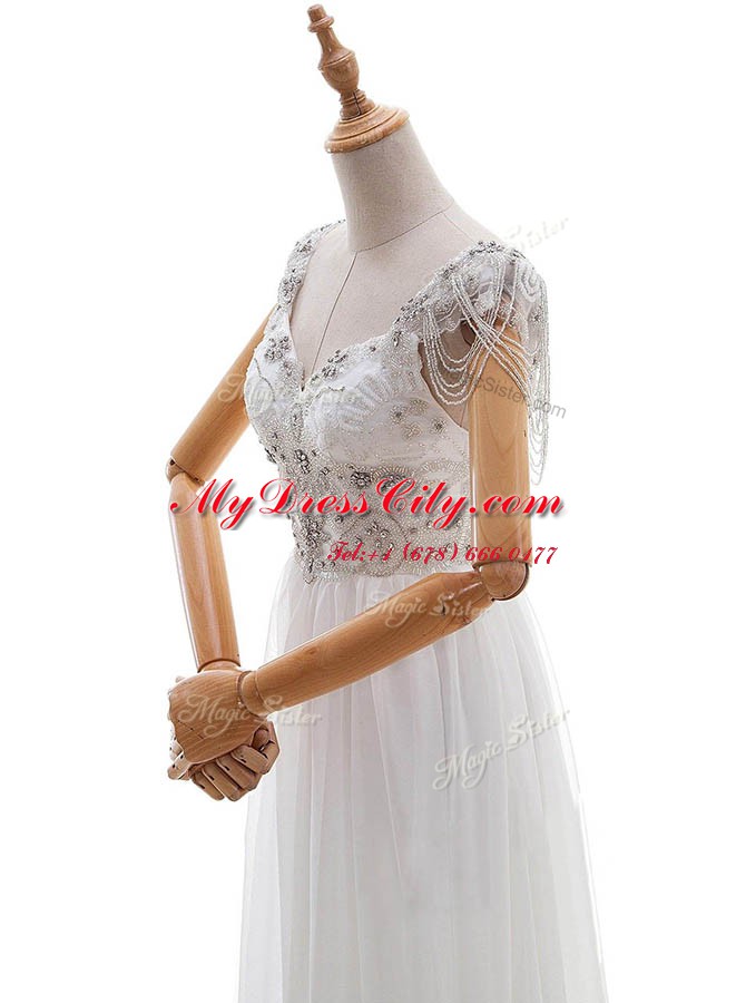 Custom Design With Train Empire Cap Sleeves White Wedding Dresses Chapel Train Side Zipper