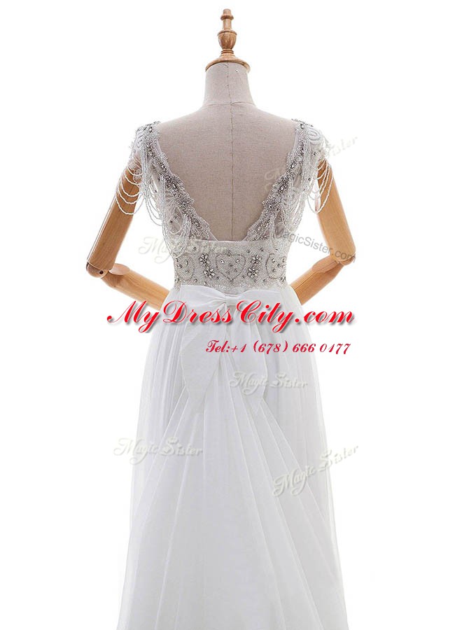 Custom Design With Train Empire Cap Sleeves White Wedding Dresses Chapel Train Side Zipper