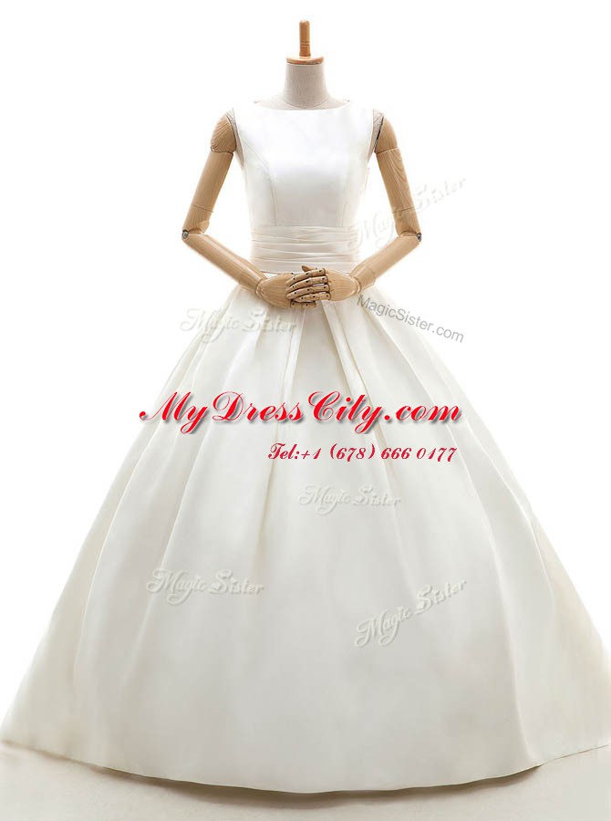 White A-line Ruching Wedding Dresses Clasp Handle Satin Sleeveless Floor Length