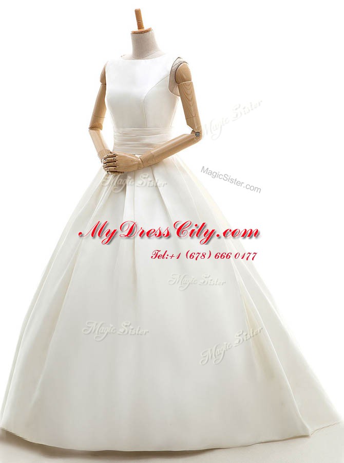 White A-line Ruching Wedding Dresses Clasp Handle Satin Sleeveless Floor Length