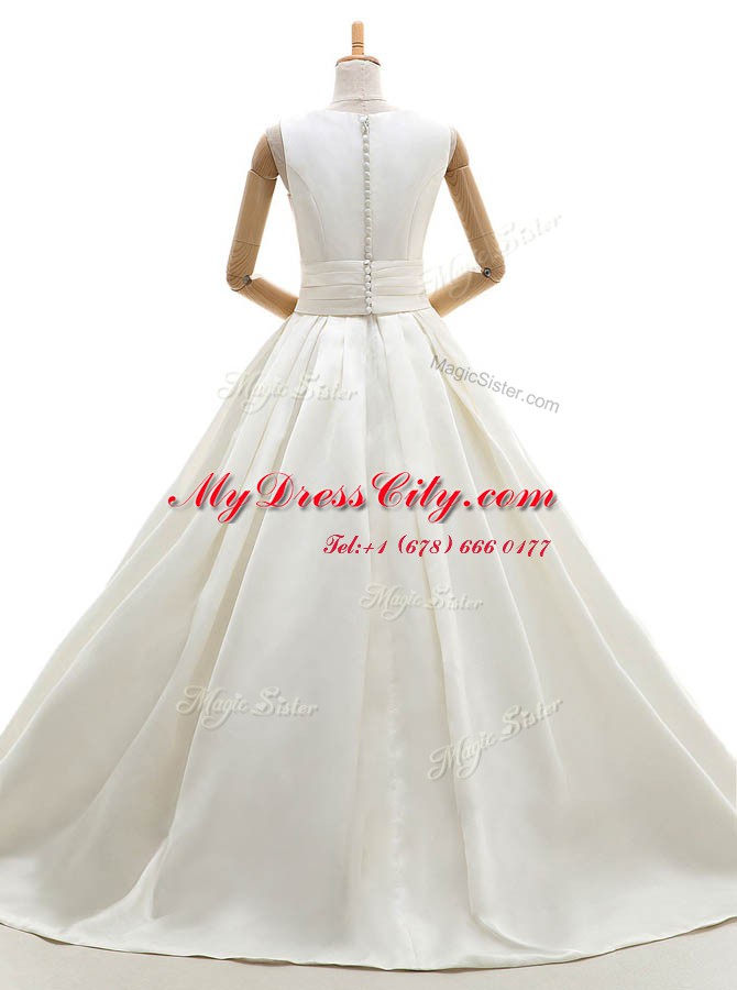 White A-line Ruching Wedding Dresses Clasp Handle Satin Sleeveless Floor Length