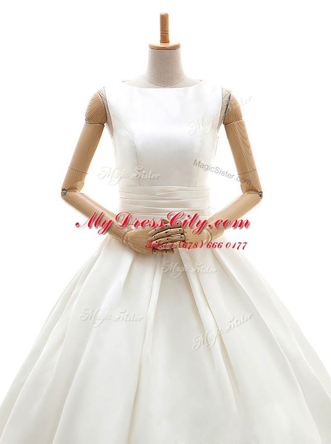 White A-line Ruching Wedding Dresses Clasp Handle Satin Sleeveless Floor Length