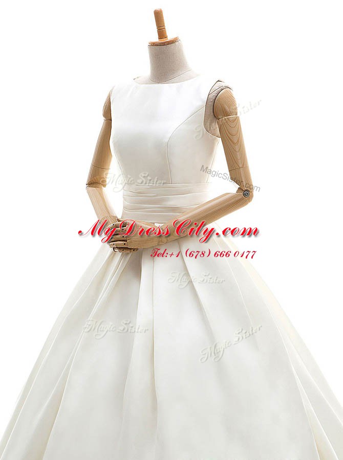 White A-line Ruching Wedding Dresses Clasp Handle Satin Sleeveless Floor Length