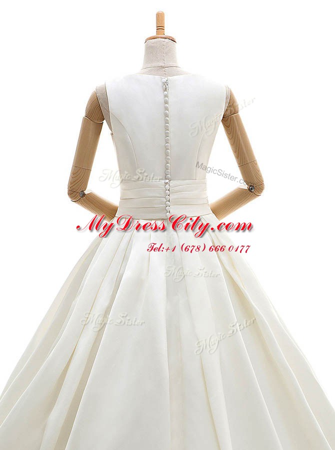 White A-line Ruching Wedding Dresses Clasp Handle Satin Sleeveless Floor Length