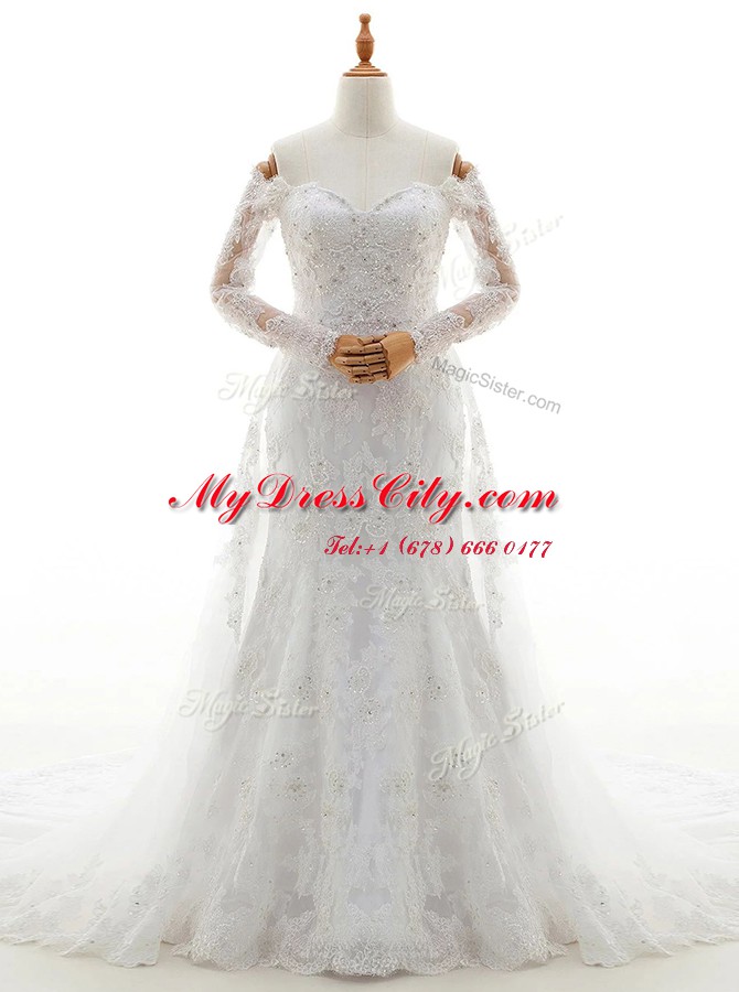 Off the Shoulder Long Sleeves Brush Train Lace Up With Train Beading and Lace Wedding Dress