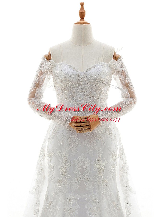 Off the Shoulder Long Sleeves Brush Train Lace Up With Train Beading and Lace Wedding Dress