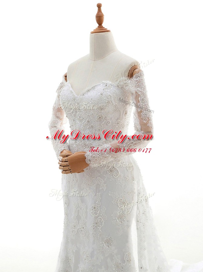 Off the Shoulder Long Sleeves Brush Train Lace Up With Train Beading and Lace Wedding Dress