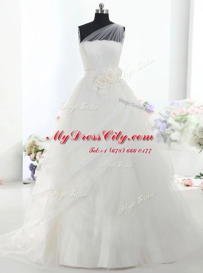 Custom Designed One Shoulder White Sleeveless With Train Lace and Hand Made Flower Lace Up Wedding Gowns