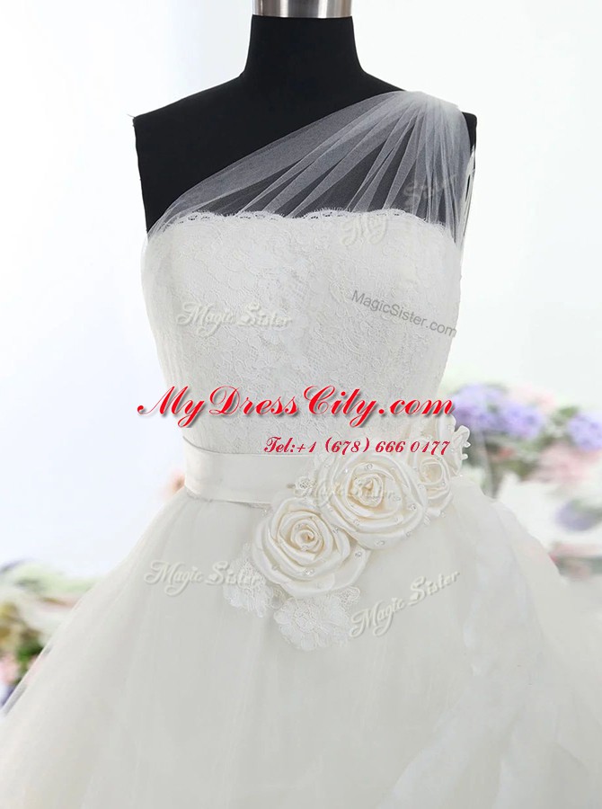 Custom Designed One Shoulder White Sleeveless With Train Lace and Hand Made Flower Lace Up Wedding Gowns