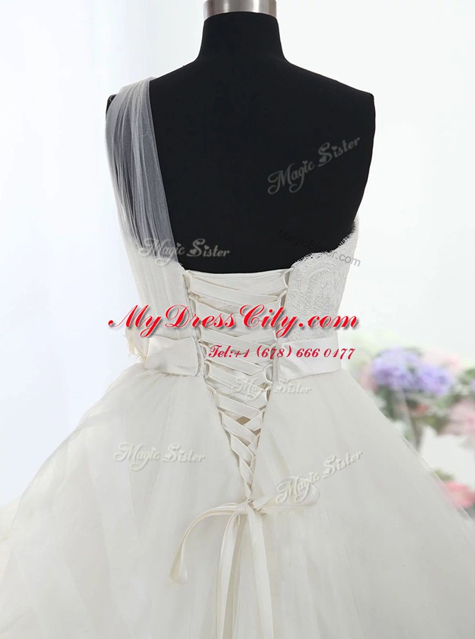 Custom Designed One Shoulder White Sleeveless With Train Lace and Hand Made Flower Lace Up Wedding Gowns