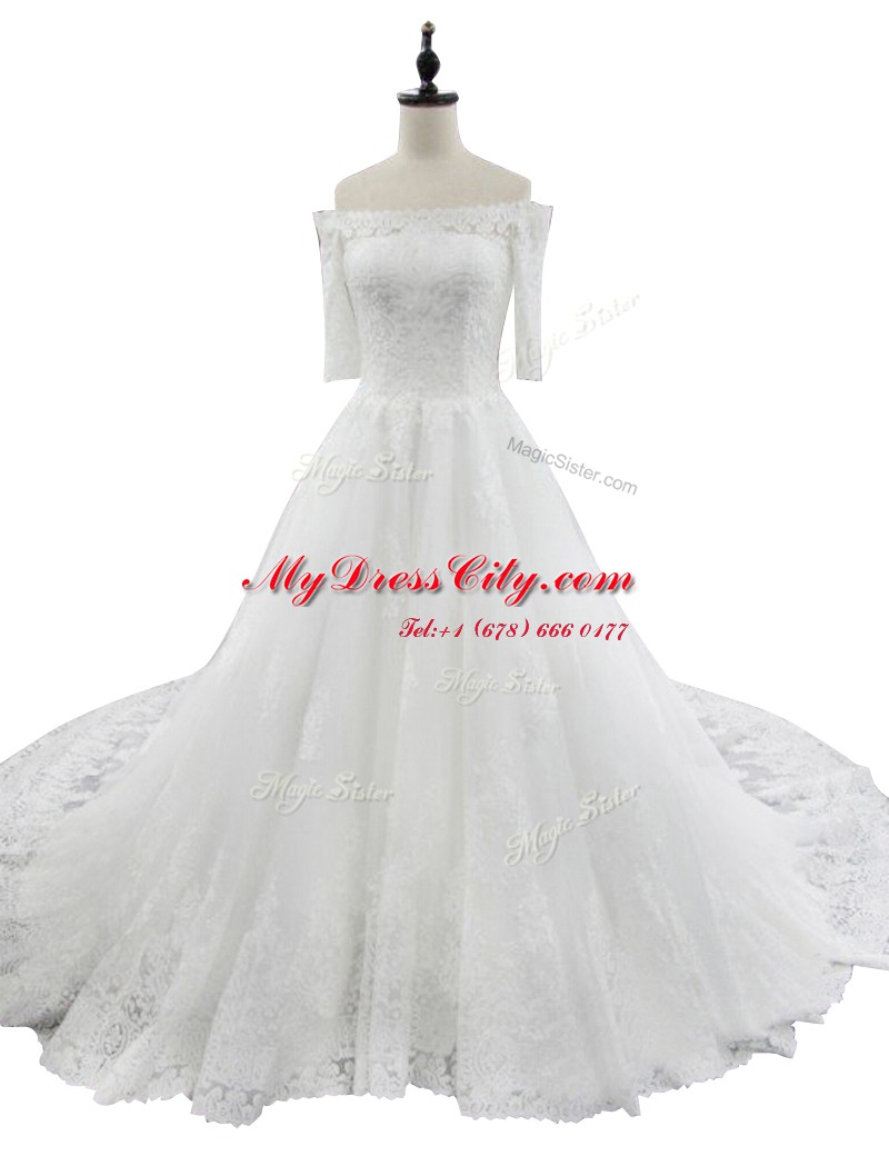 Charming White Lace Zipper Off The Shoulder Half Sleeves With Train Wedding Dress Chapel Train Lace