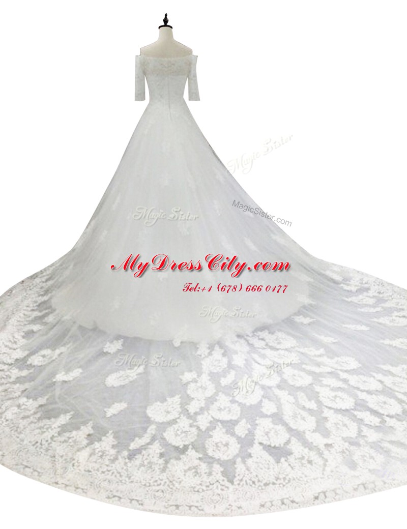 Charming White Lace Zipper Off The Shoulder Half Sleeves With Train Wedding Dress Chapel Train Lace