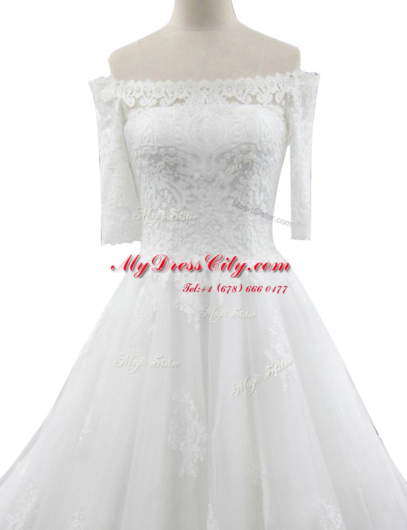 Charming White Lace Zipper Off The Shoulder Half Sleeves With Train Wedding Dress Chapel Train Lace