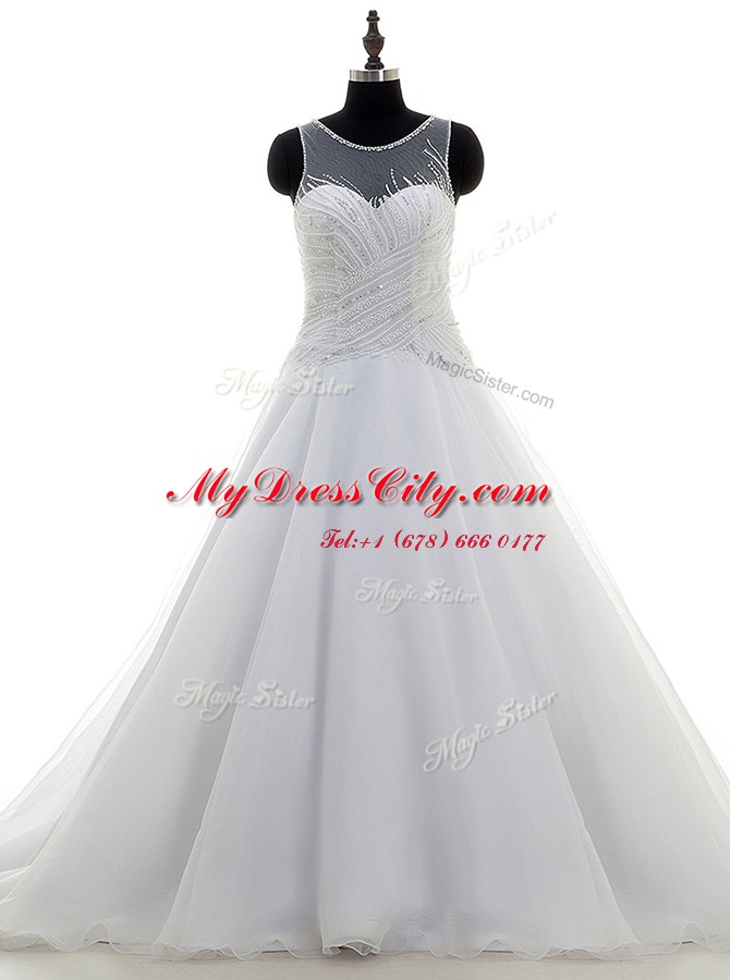 Elegant Scoop White Sleeveless Sweep Train Beading With Train Wedding Gowns