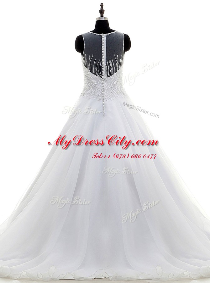 Elegant Scoop White Sleeveless Sweep Train Beading With Train Wedding Gowns