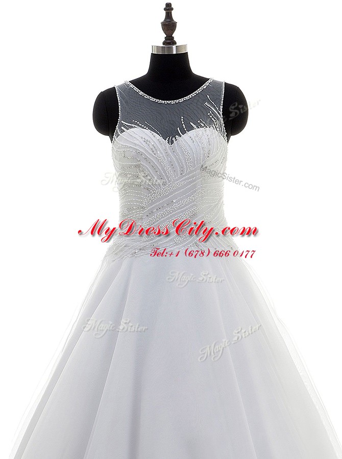 Elegant Scoop White Sleeveless Sweep Train Beading With Train Wedding Gowns