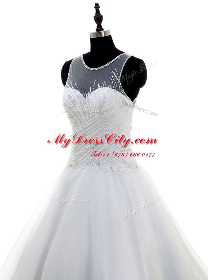 Elegant Scoop White Sleeveless Sweep Train Beading With Train Wedding Gowns