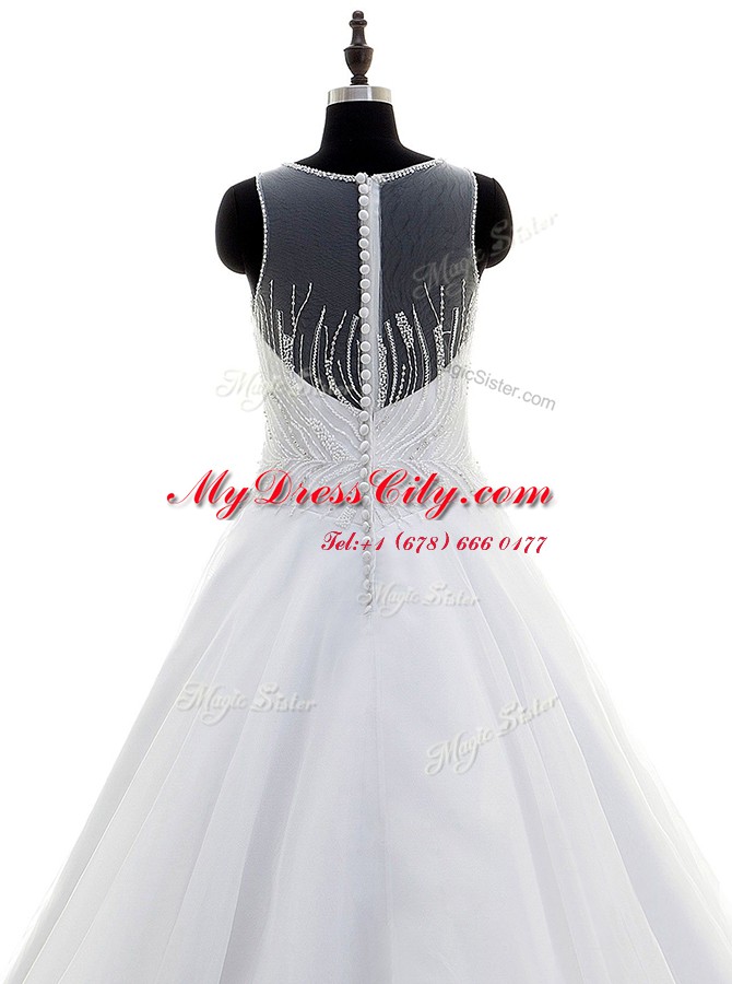 Elegant Scoop White Sleeveless Sweep Train Beading With Train Wedding Gowns