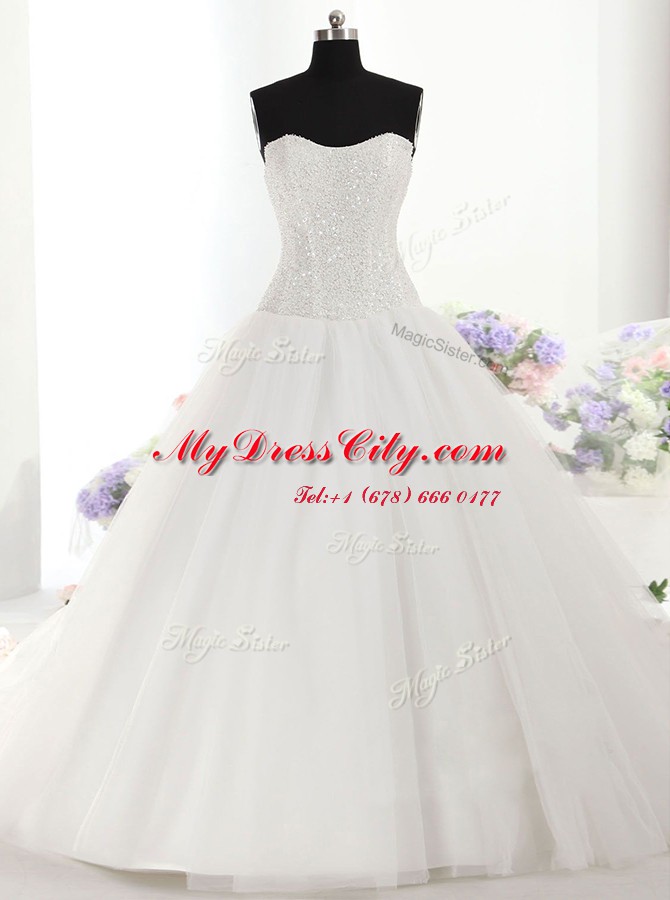 Sleeveless Tulle With Brush Train Lace Up Wedding Gowns in White with Beading