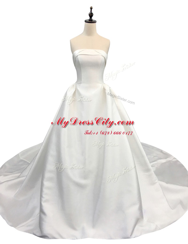 Ruching Wedding Dresses White Zipper Sleeveless With Train Chapel Train