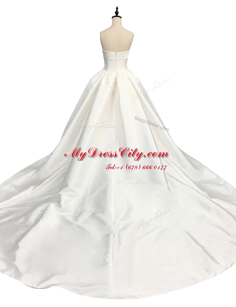 Ruching Wedding Dresses White Zipper Sleeveless With Train Chapel Train