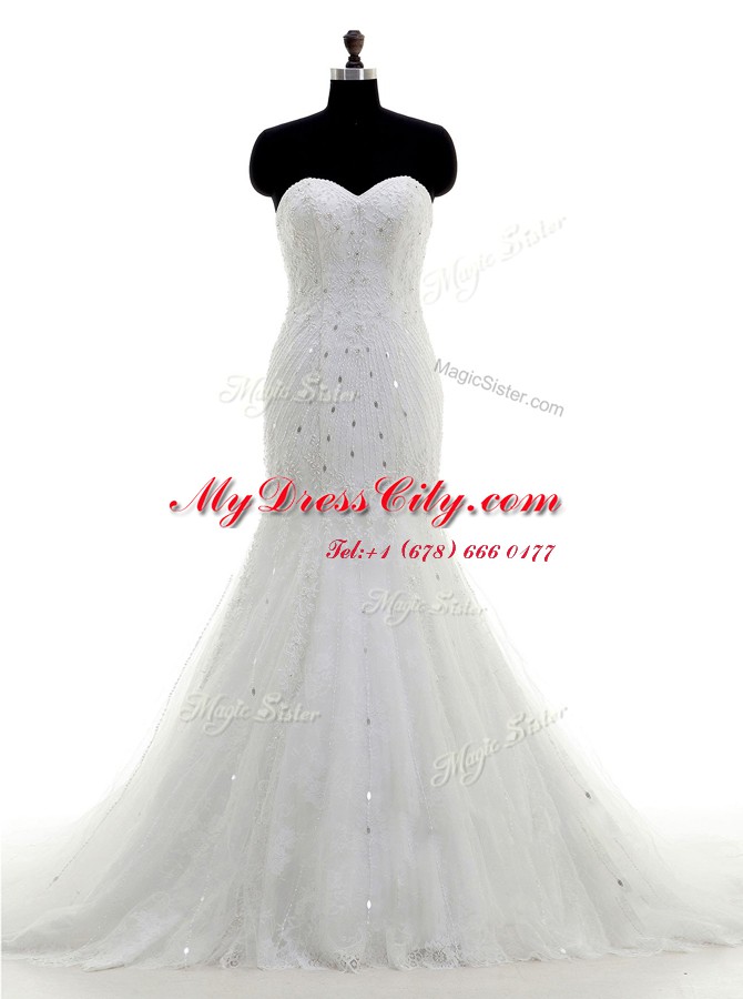 Mermaid White Sleeveless With Train Beading and Lace Zipper Bridal Gown