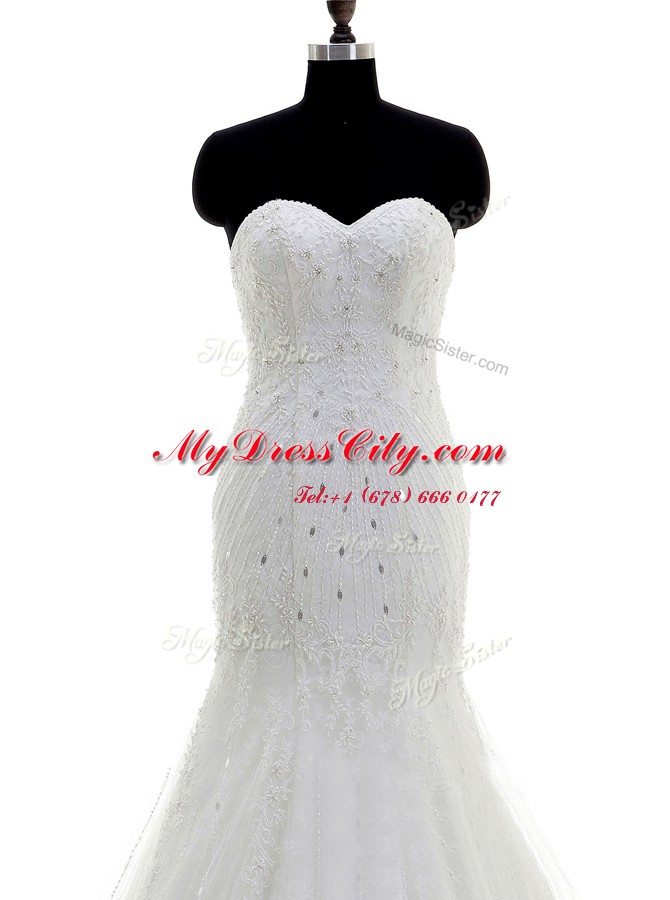 Mermaid White Sleeveless With Train Beading and Lace Zipper Bridal Gown