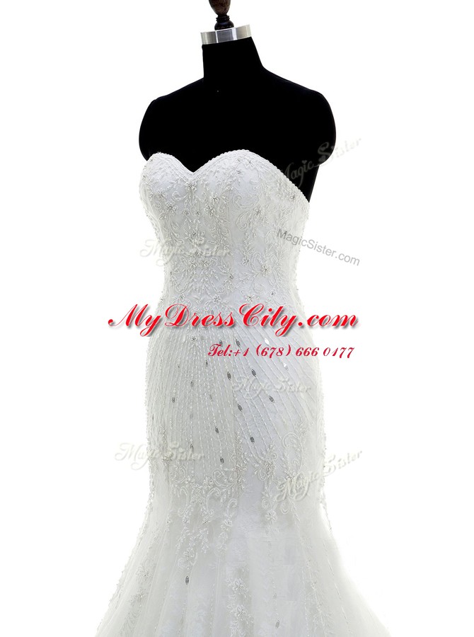 Mermaid White Sleeveless With Train Beading and Lace Zipper Bridal Gown