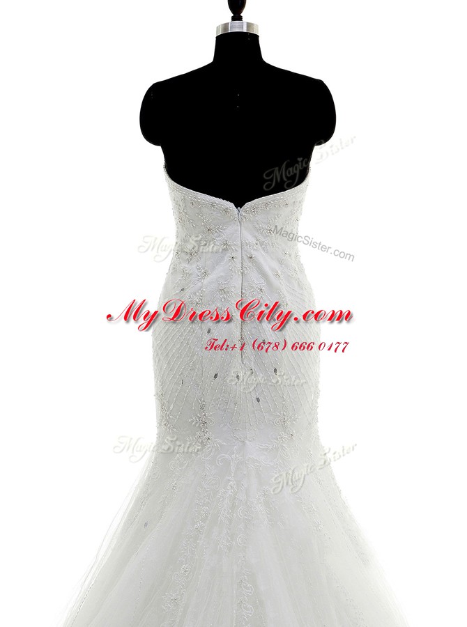 Mermaid White Sleeveless With Train Beading and Lace Zipper Bridal Gown