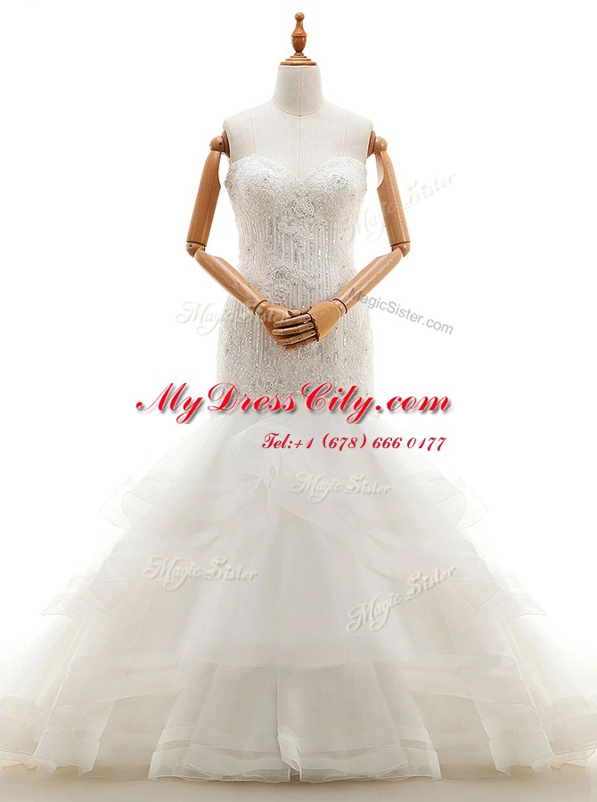 Sweet Mermaid Ruffled With Train White Bridal Gown Sweetheart Sleeveless Brush Train Clasp Handle