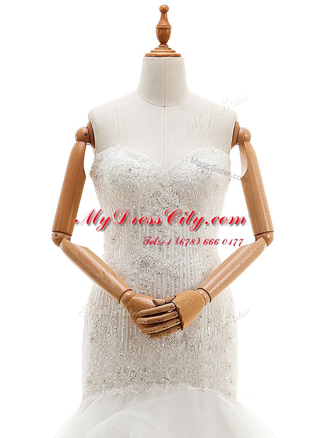 Sweet Mermaid Ruffled With Train White Bridal Gown Sweetheart Sleeveless Brush Train Clasp Handle