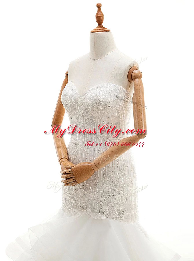 Sweet Mermaid Ruffled With Train White Bridal Gown Sweetheart Sleeveless Brush Train Clasp Handle