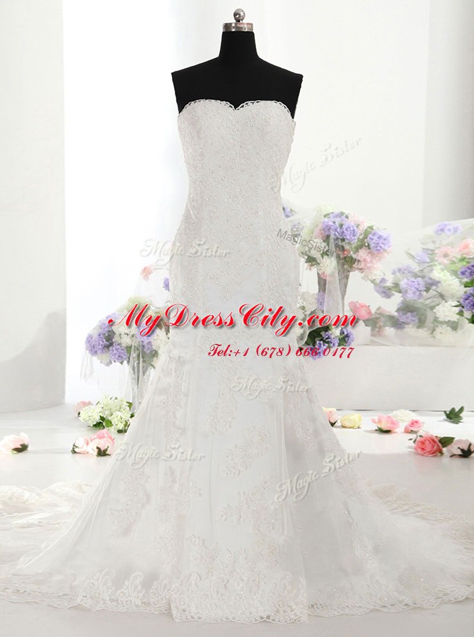 Fantastic Mermaid White Sleeveless Lace Court Train Lace Up Wedding Dress for Wedding Party