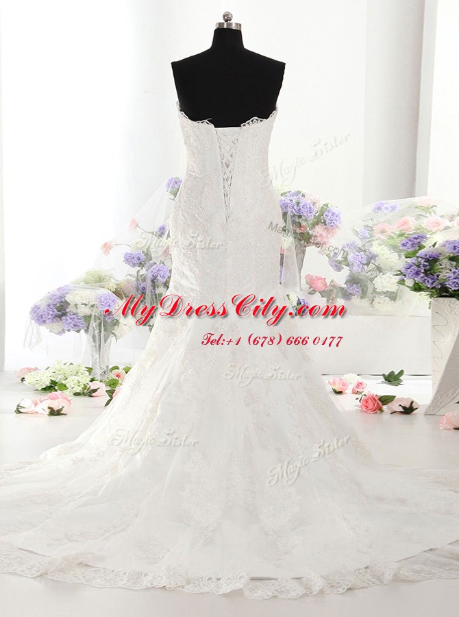 Fantastic Mermaid White Sleeveless Lace Court Train Lace Up Wedding Dress for Wedding Party