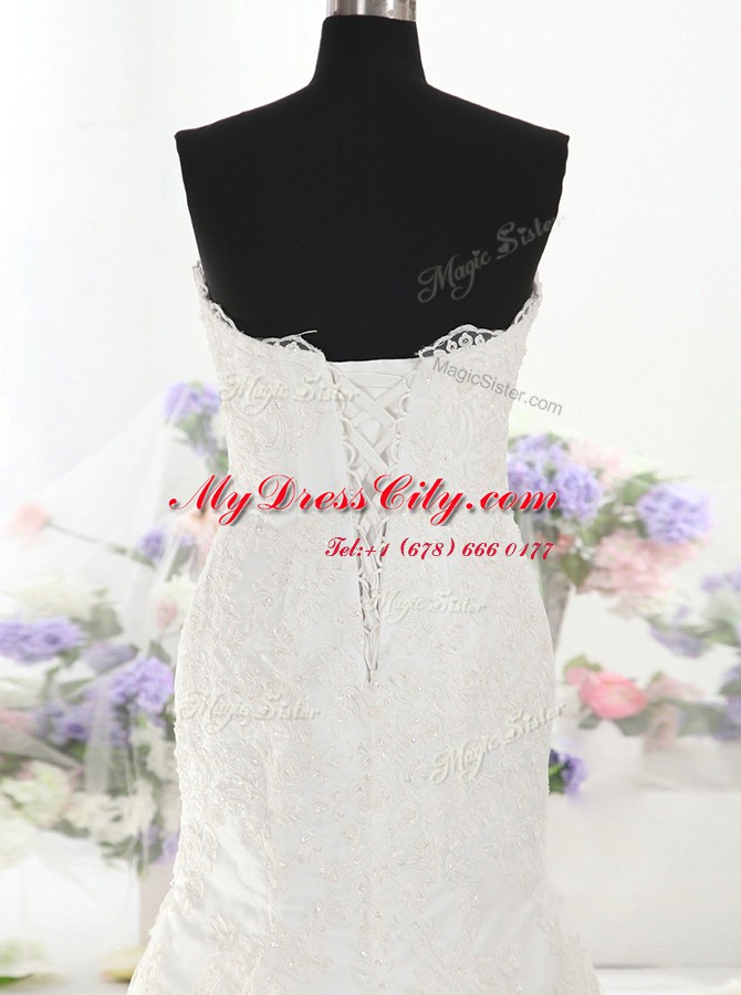 Fantastic Mermaid White Sleeveless Lace Court Train Lace Up Wedding Dress for Wedding Party