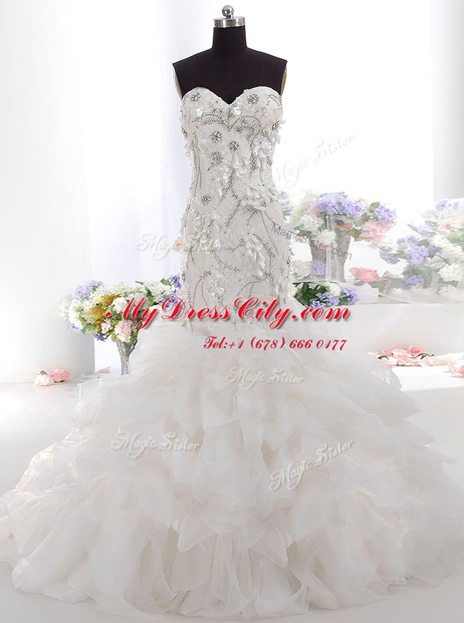 Comfortable Mermaid Tulle Sleeveless Wedding Gowns Brush Train and Beading and Appliques