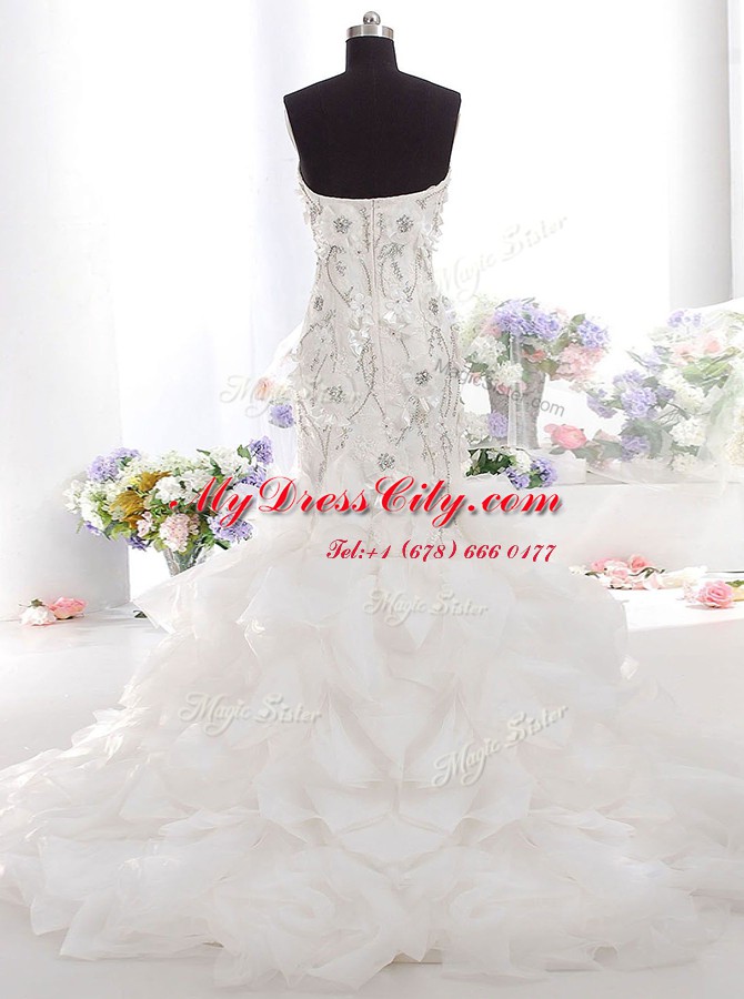 Comfortable Mermaid Tulle Sleeveless Wedding Gowns Brush Train and Beading and Appliques