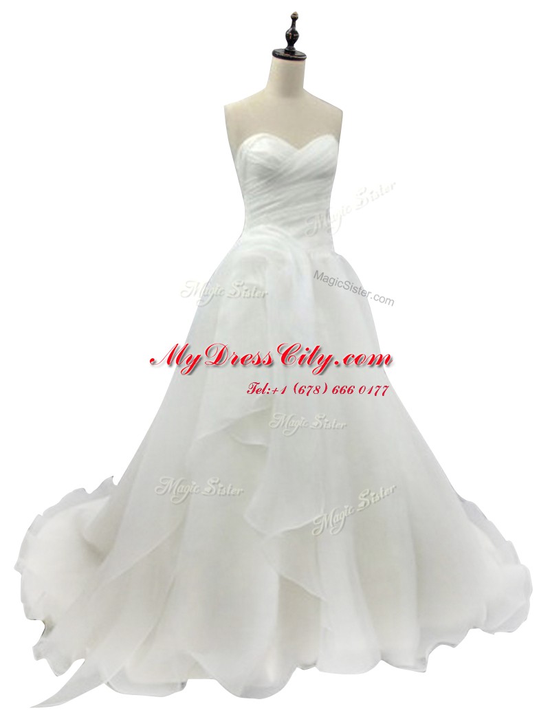 Charming White Sleeveless With Train Ruching Zipper Wedding Gown